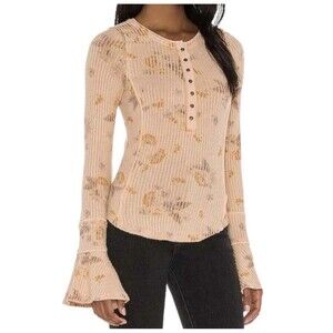 FREE PEOPLE Layer Me Ribbed Henley Top Peach Floral Bell Sleeve